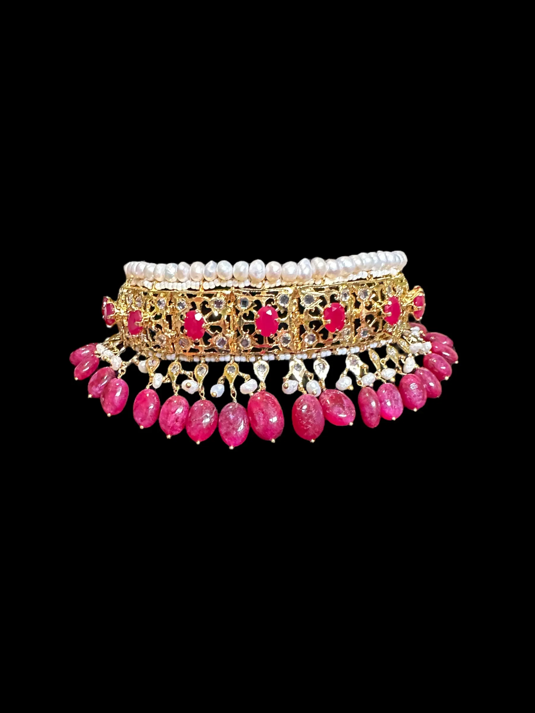 C267 Insia Hyderabadi jadavi lacha choker with fresh water  pearls and rubies ( READY TO SHIP)