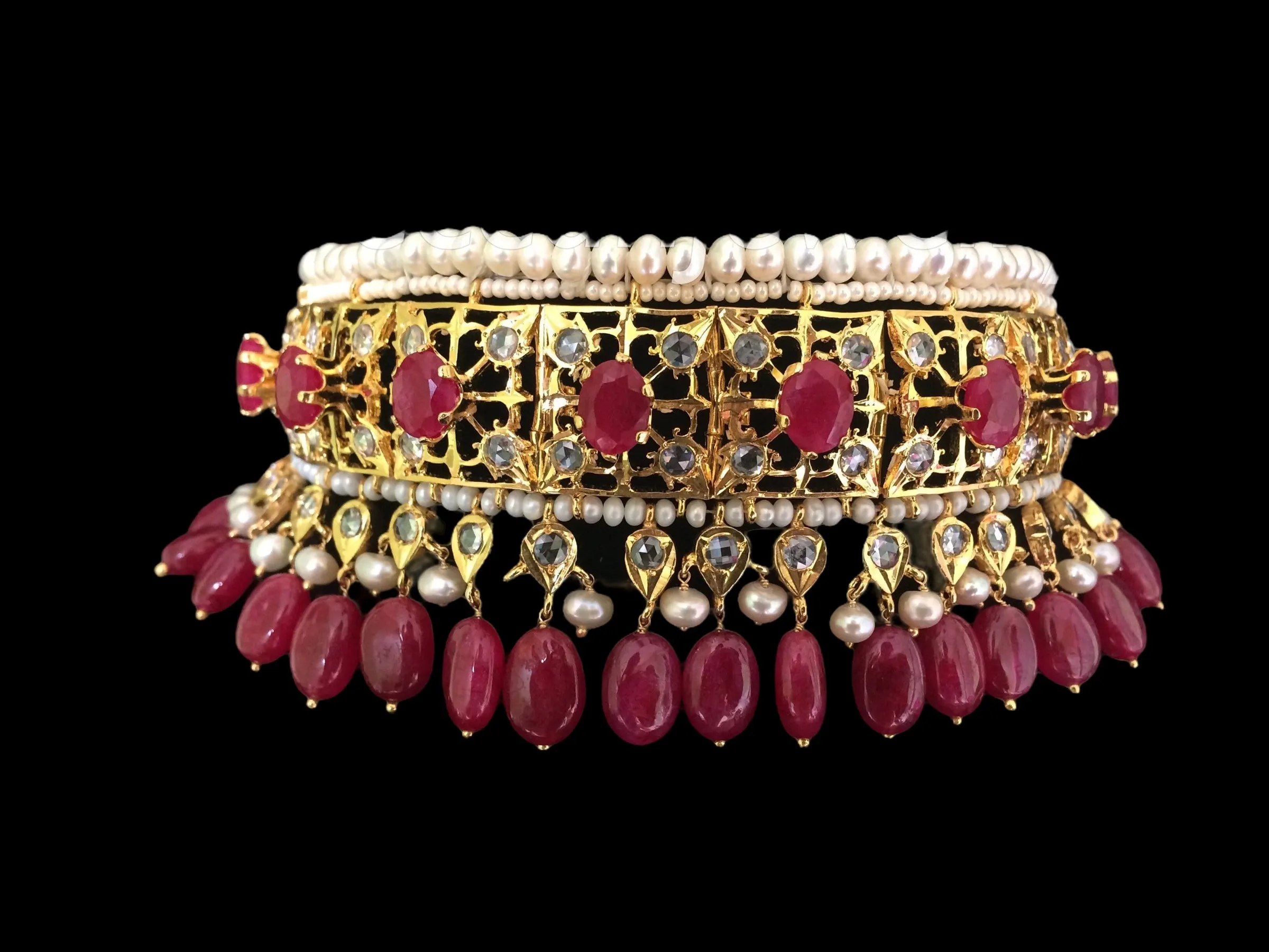 C267 Insia Hyderabadi jadavi lacha choker with fresh water  pearls and rubies ( READY TO SHIP)