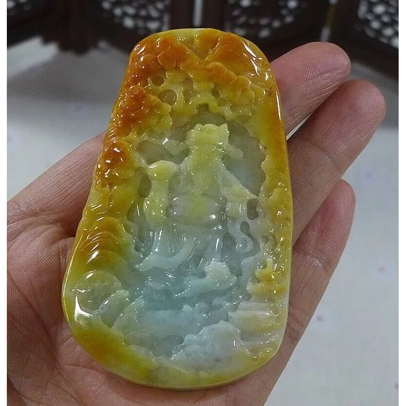 Cert'd Natural Type A Yellow Jadeite Jade Landscape Fortune God Big Pendant