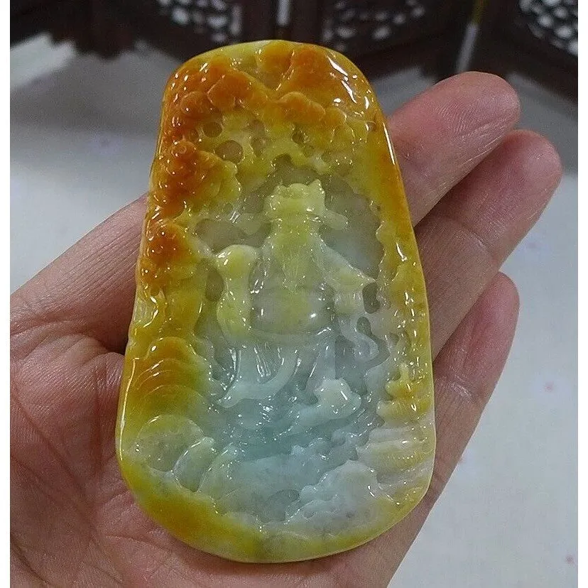 Cert'd Natural Type A Yellow Jadeite Jade Landscape Fortune God Big Pendant