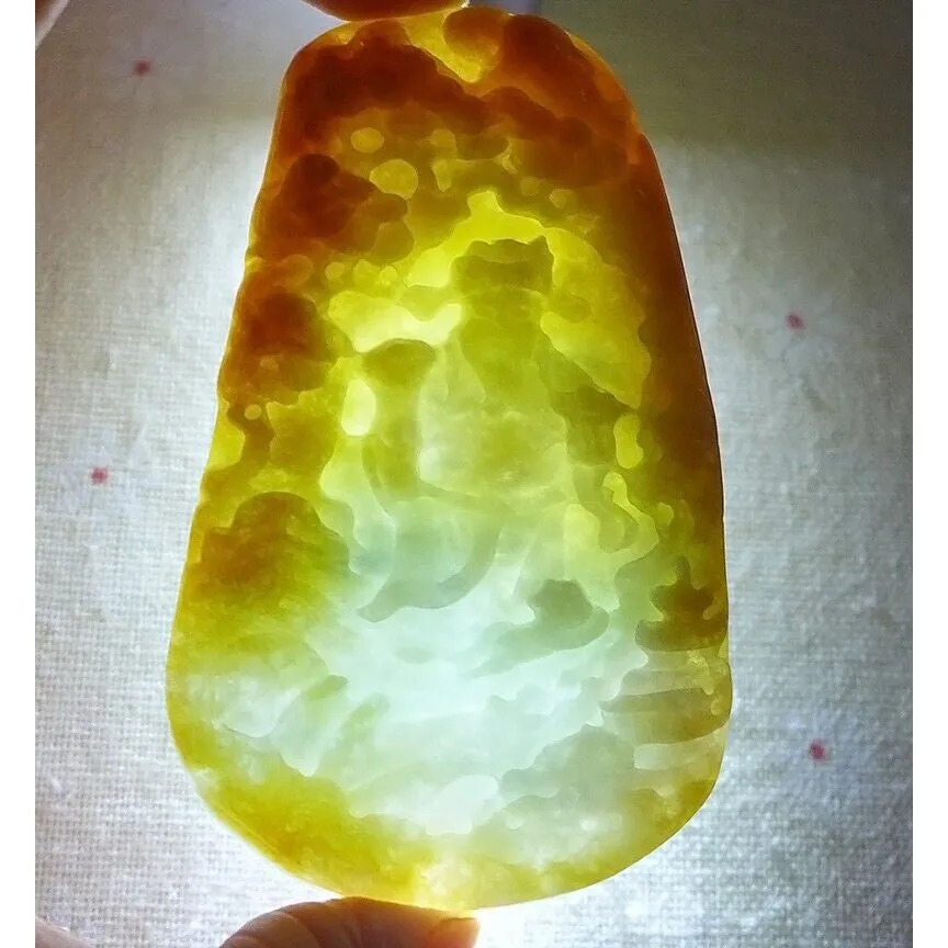 Cert'd Natural Type A Yellow Jadeite Jade Landscape Fortune God Big Pendant