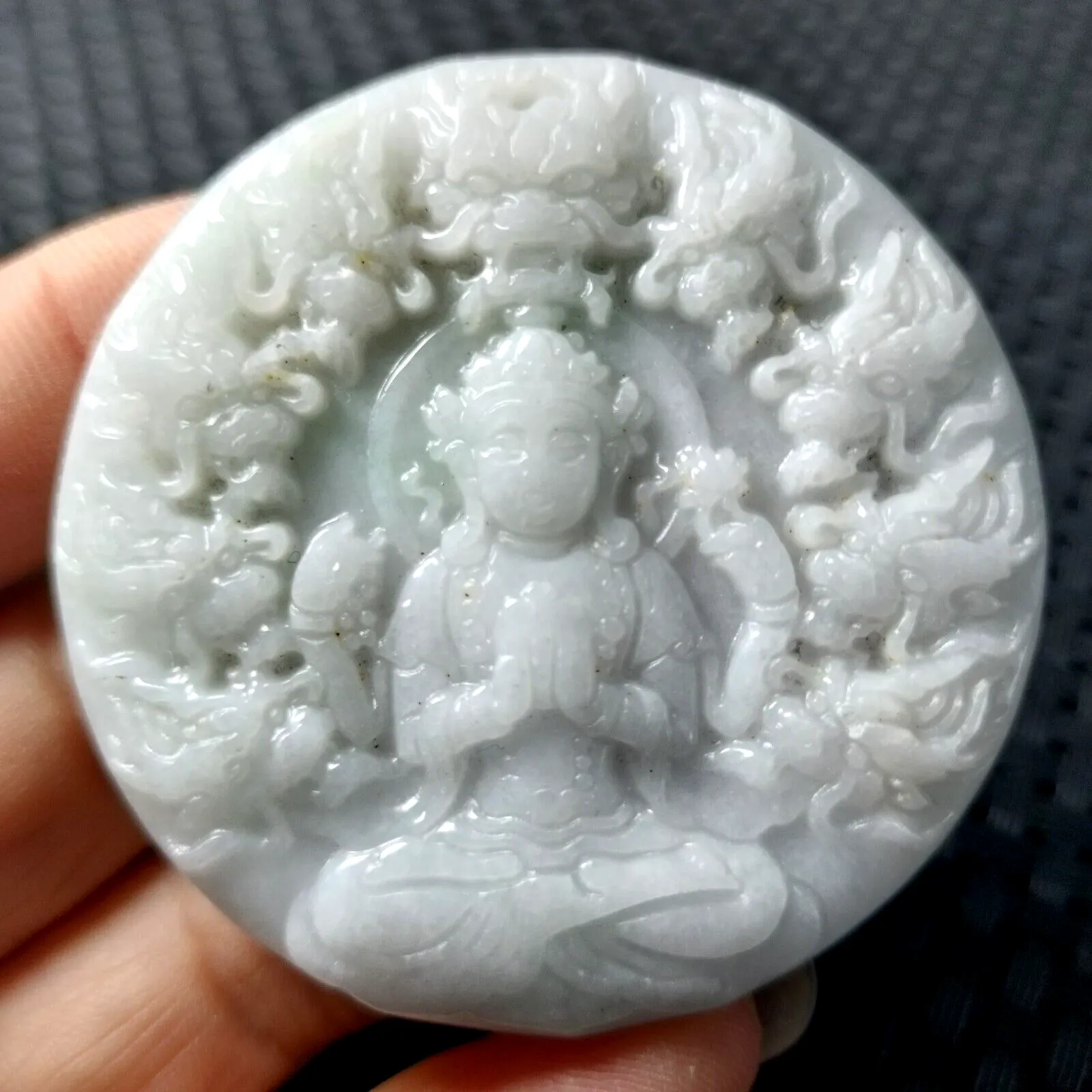 Certified Lavender Natural A Jadeite Carved Guanyin Kwan Yin God Dragons Pendant