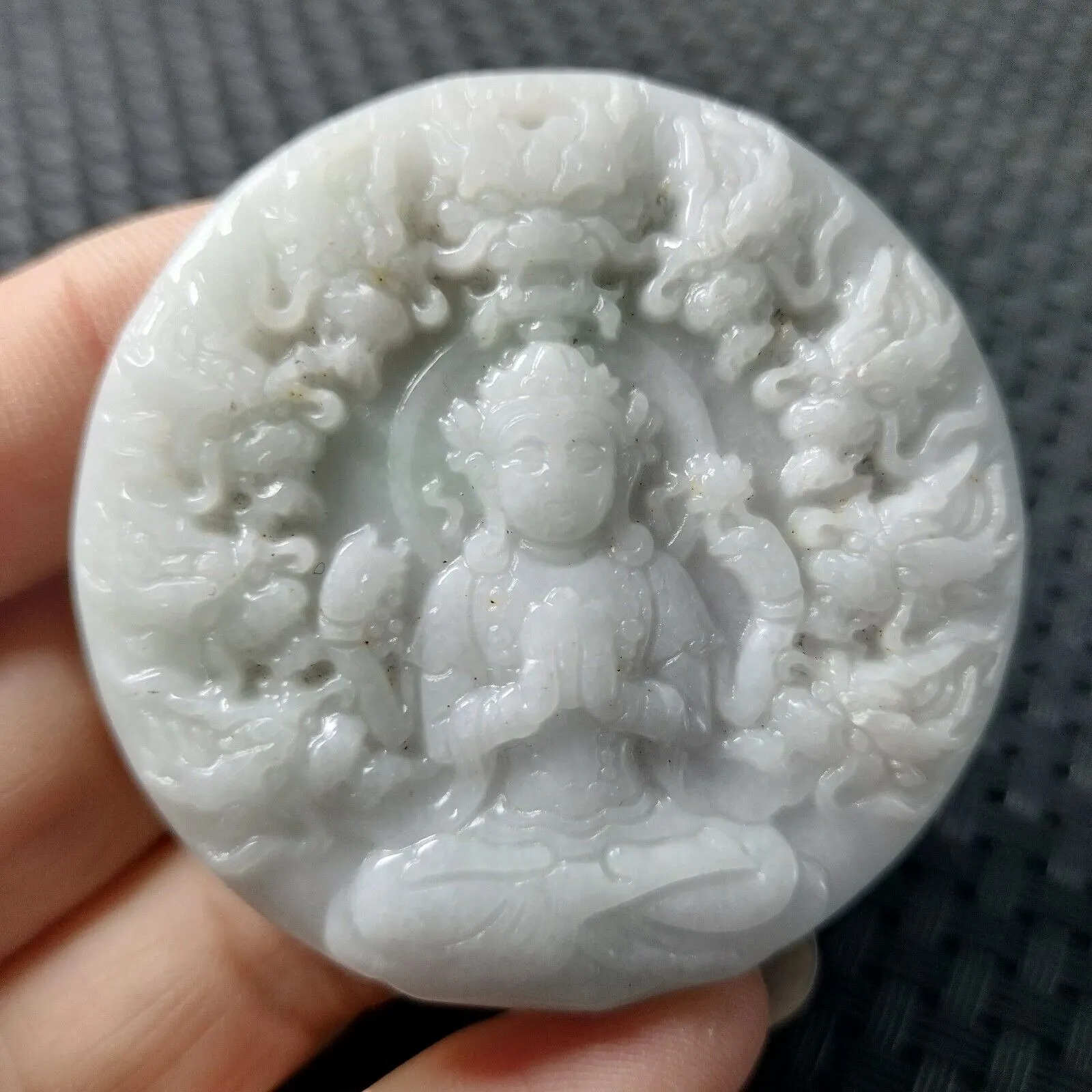 Certified Lavender Natural A Jadeite Carved Guanyin Kwan Yin God Dragons Pendant