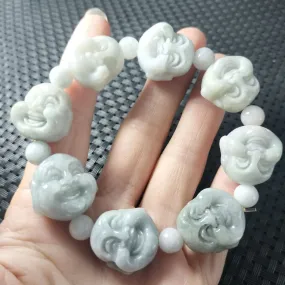 Certified Light Green Natural A Jadeite Carved Buddha Bead Stretchy Bracelet