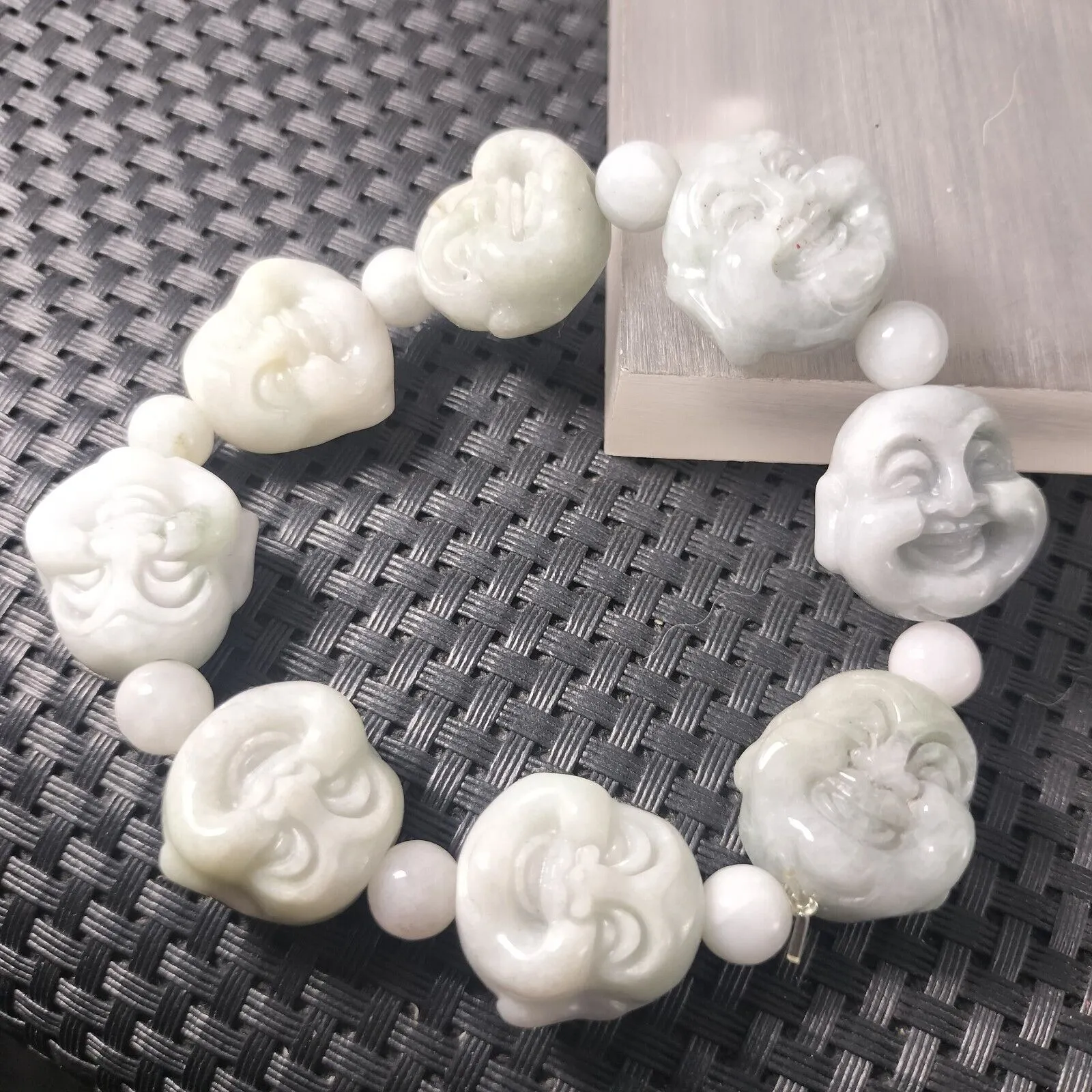 Certified Light Green Natural A Jadeite Carved Buddha Bead Stretchy Bracelet