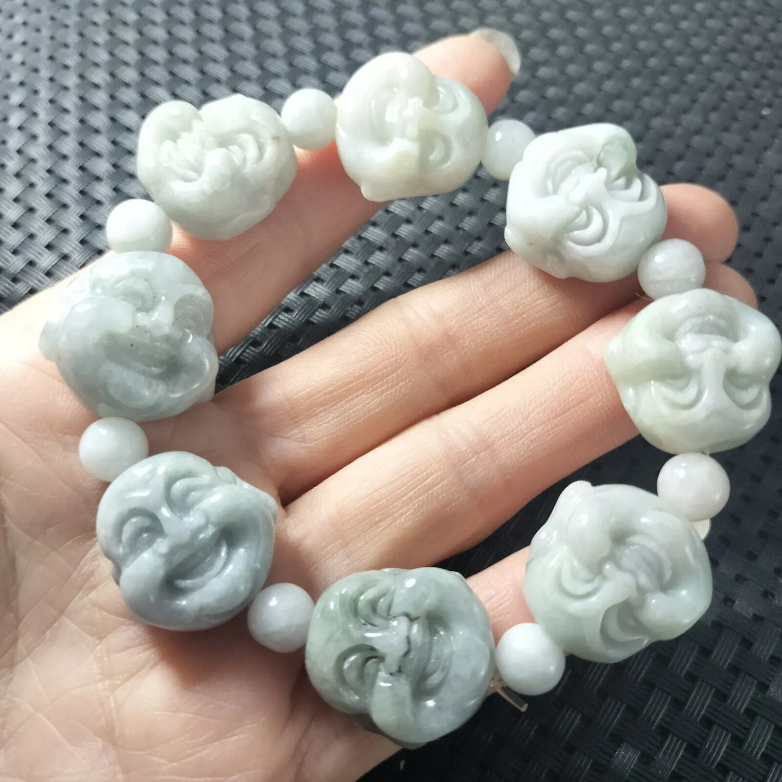 Certified Light Green Natural A Jadeite Carved Buddha Bead Stretchy Bracelet