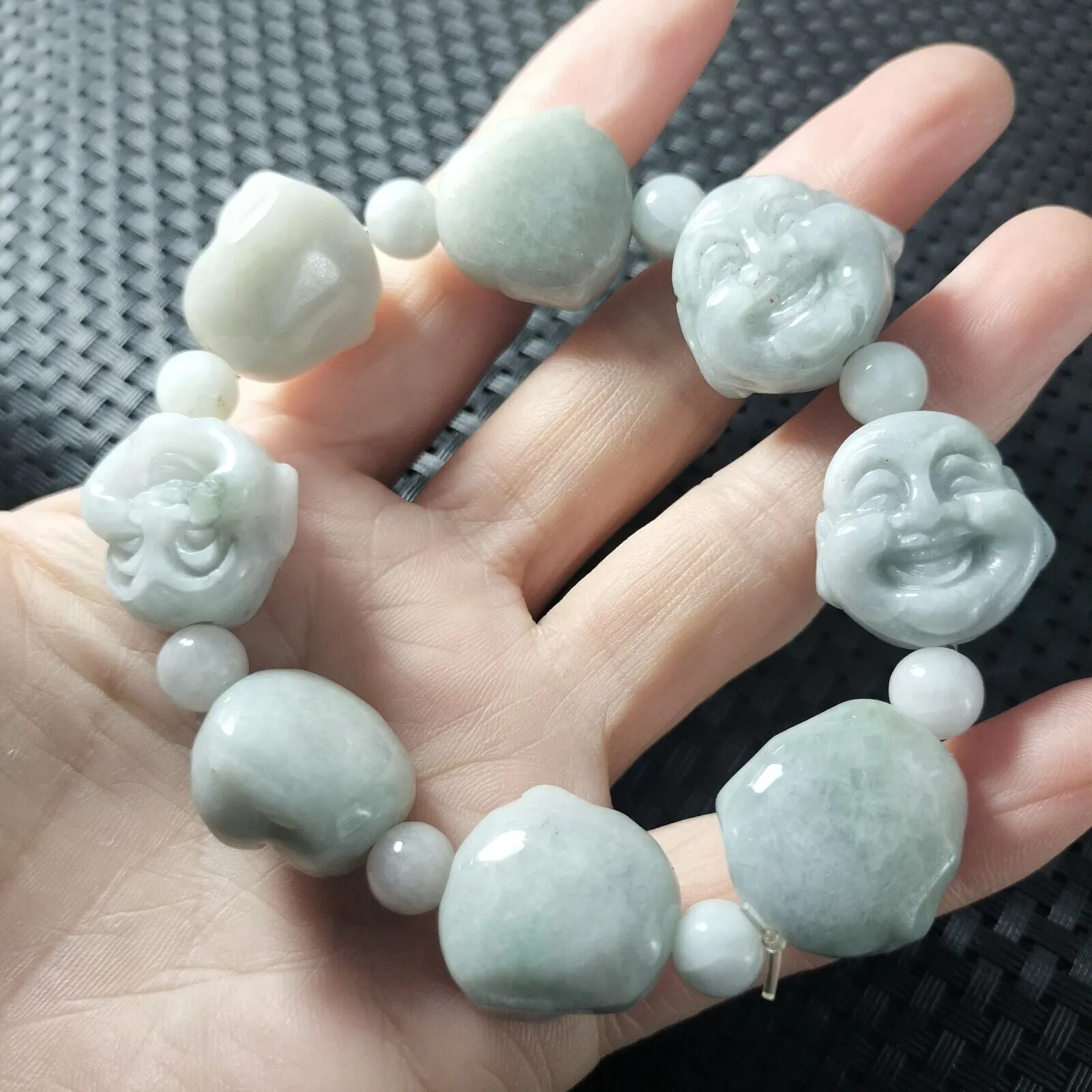 Certified Light Green Natural A Jadeite Carved Buddha Bead Stretchy Bracelet