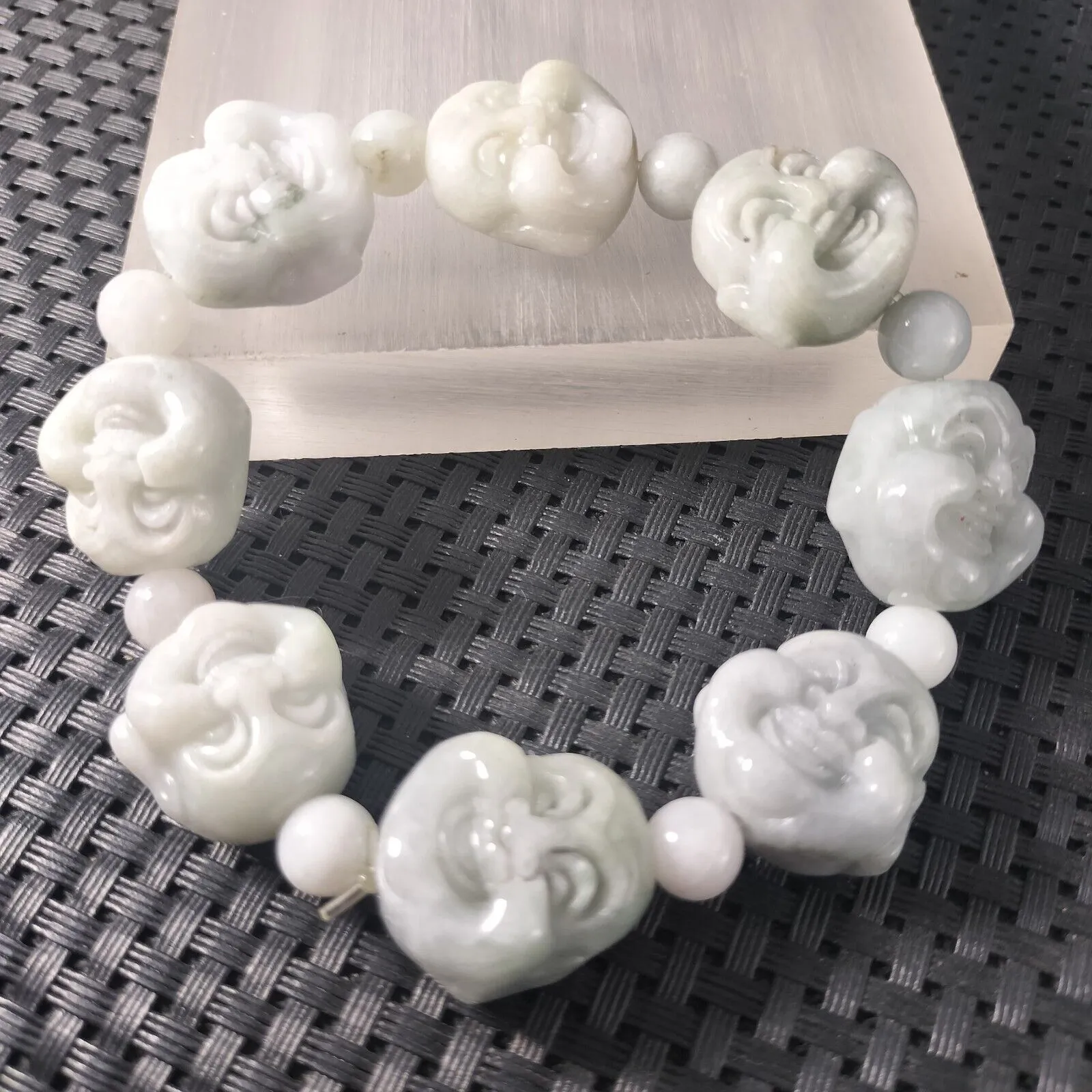 Certified Light Green Natural A Jadeite Carved Buddha Bead Stretchy Bracelet