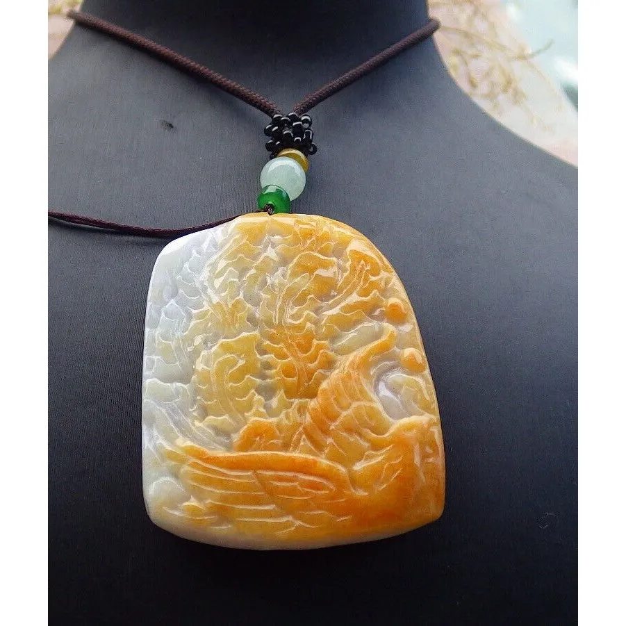 Certified Yellow  Natural A Jade Jadeite Pendant Phoenix Flower #33-1226