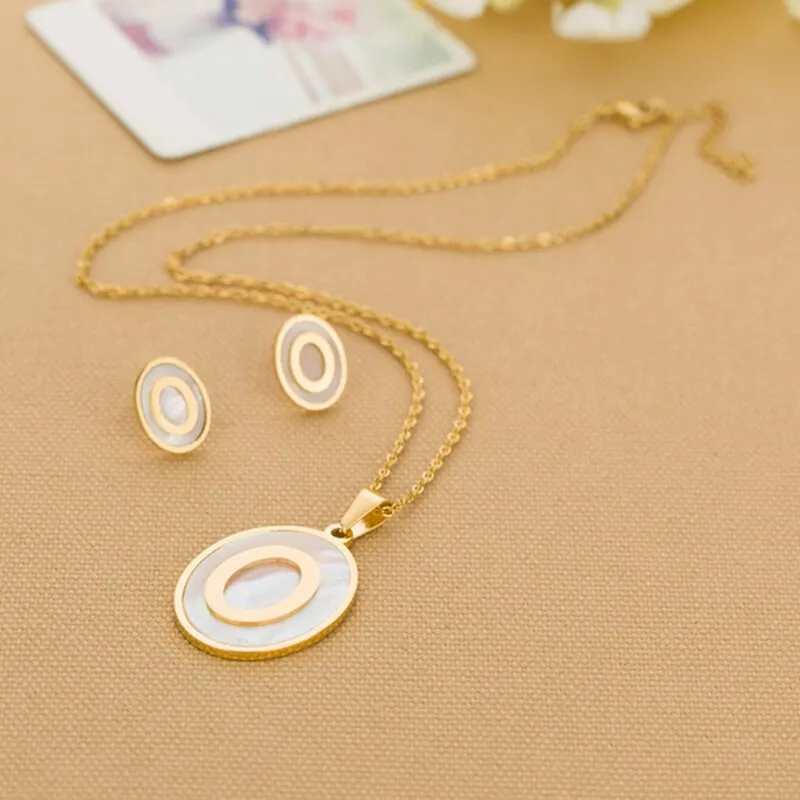 Circular Shell Gold-Plated 316L Stainless Steel Necklace & Earrings Jewelry Set