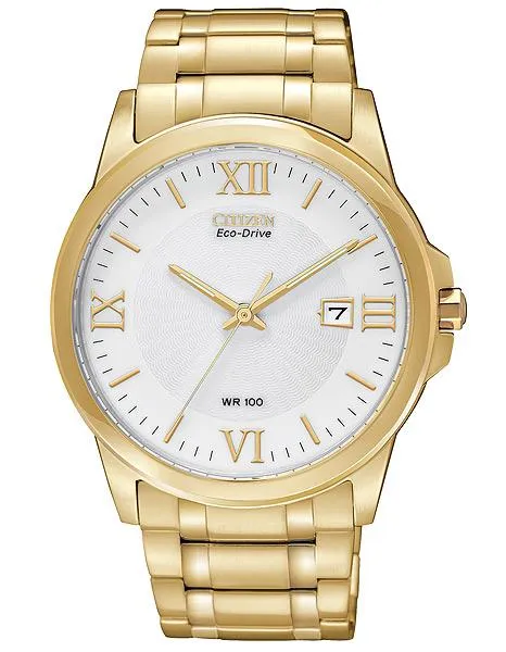 Citizen Eco-Drive Mens Bracelet Watch - White Dial - Gold-Tone - 100M WR