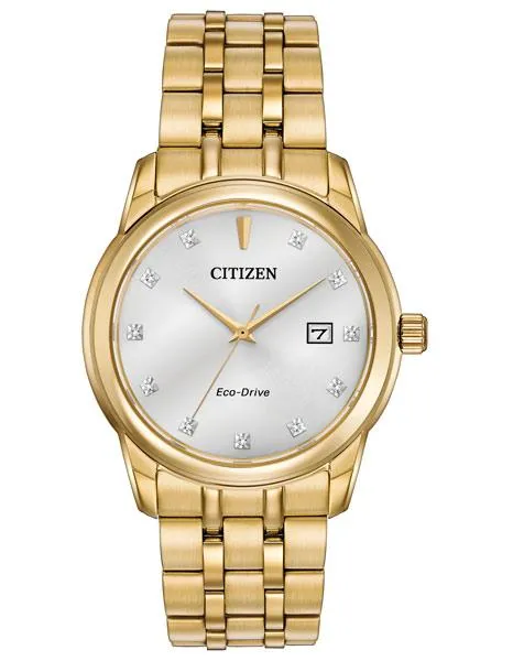 Citizen Eco-Drive Mens Diamond Watch - Gold-Tone - Bracelet - Date - 100m