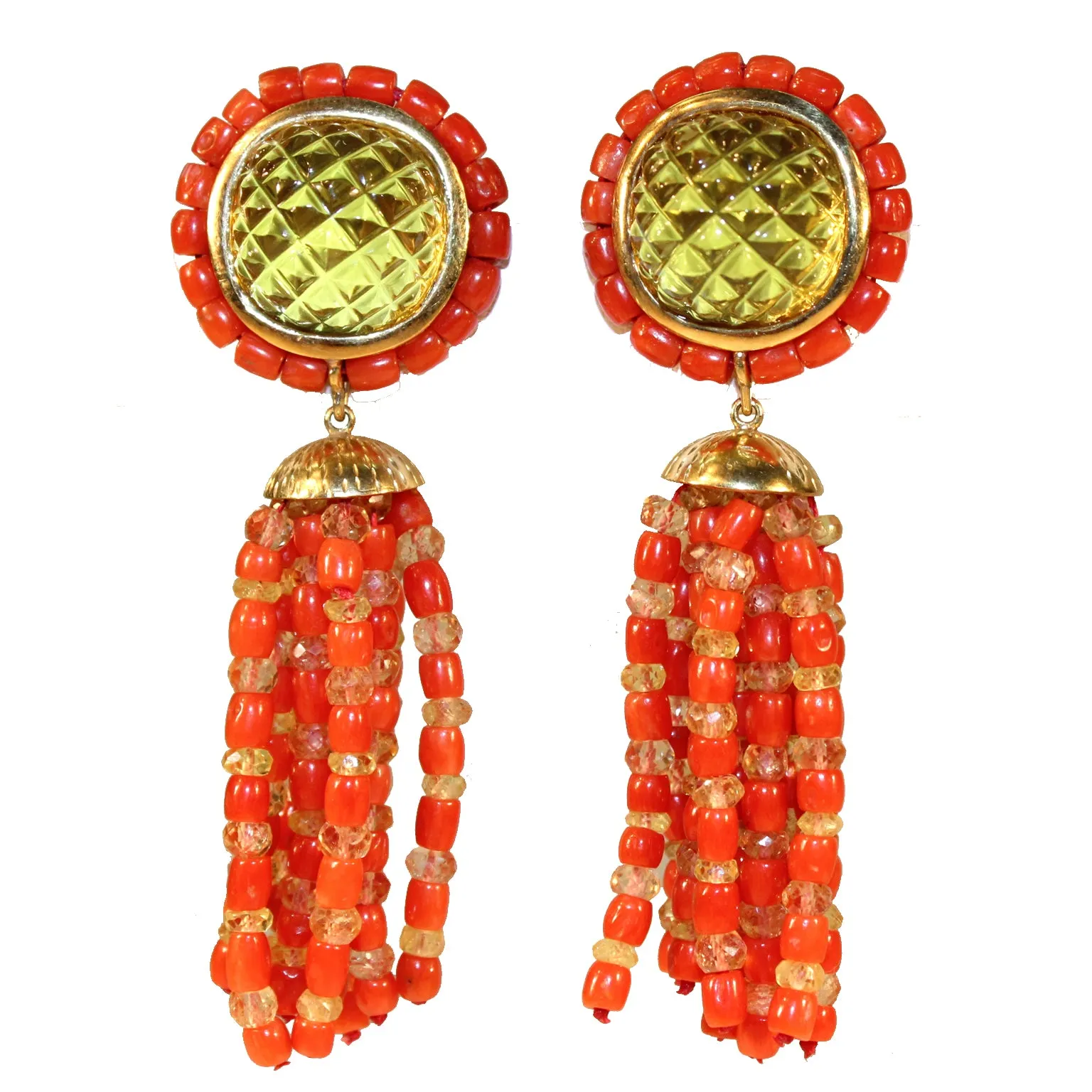 Citrine, Coral and 18K Gold Spherical Earrings