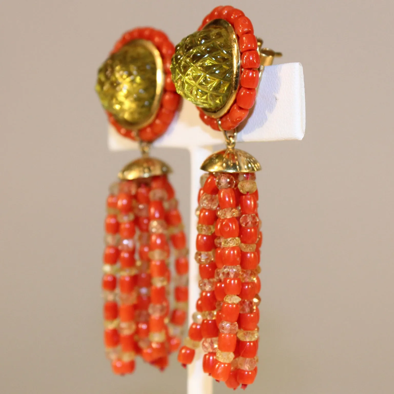 Citrine, Coral and 18K Gold Spherical Earrings