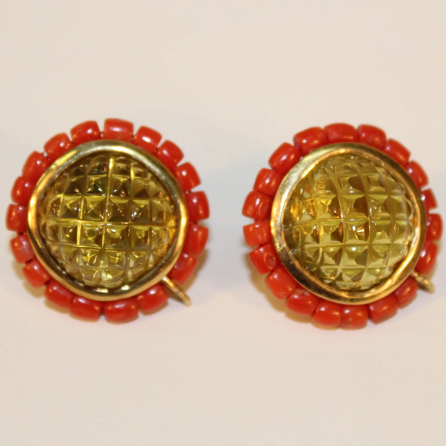 Citrine, Coral and 18K Gold Spherical Earrings