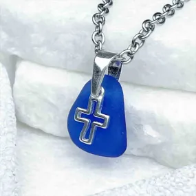 Cobalt Blue Mini Sea Glass Pendant with Cross Charm | #5212