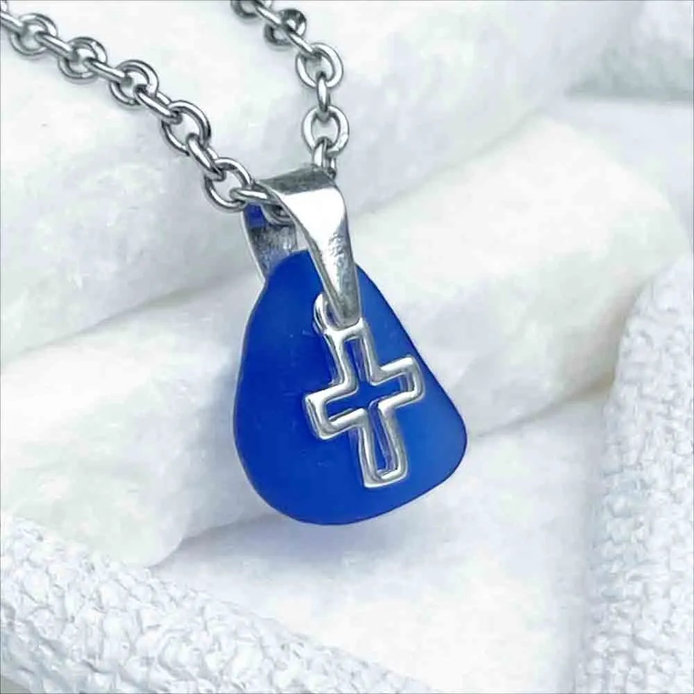 Cobalt Blue Mini Sea Glass Pendant with Cross Charm | #5212