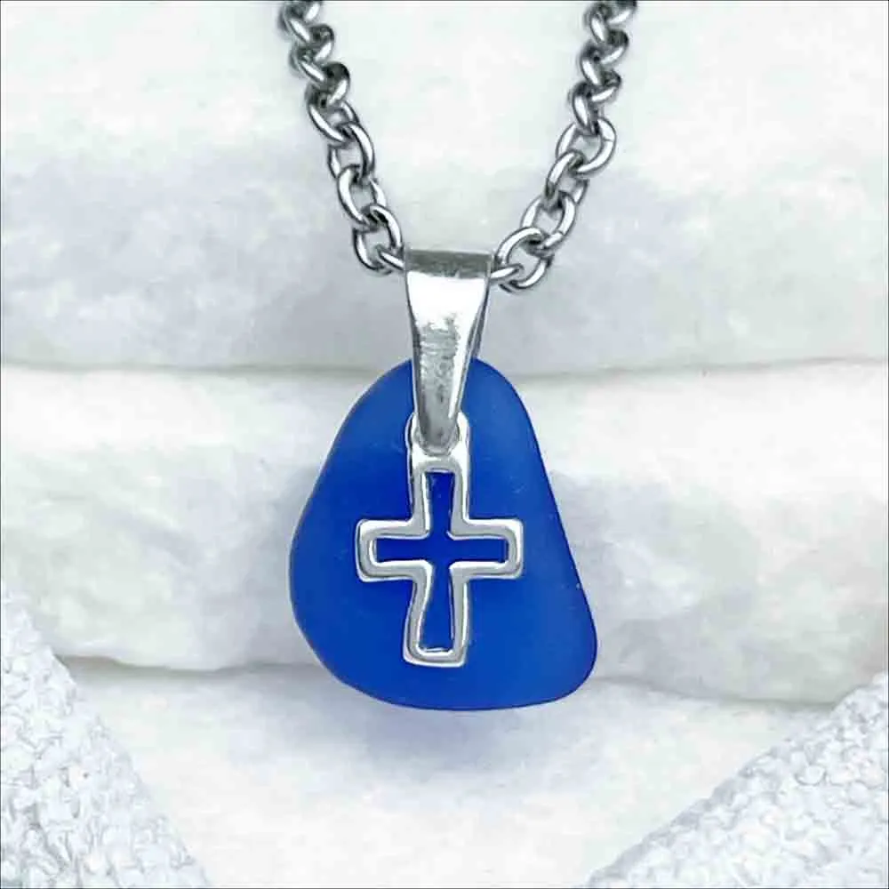 Cobalt Blue Mini Sea Glass Pendant with Cross Charm | #5212