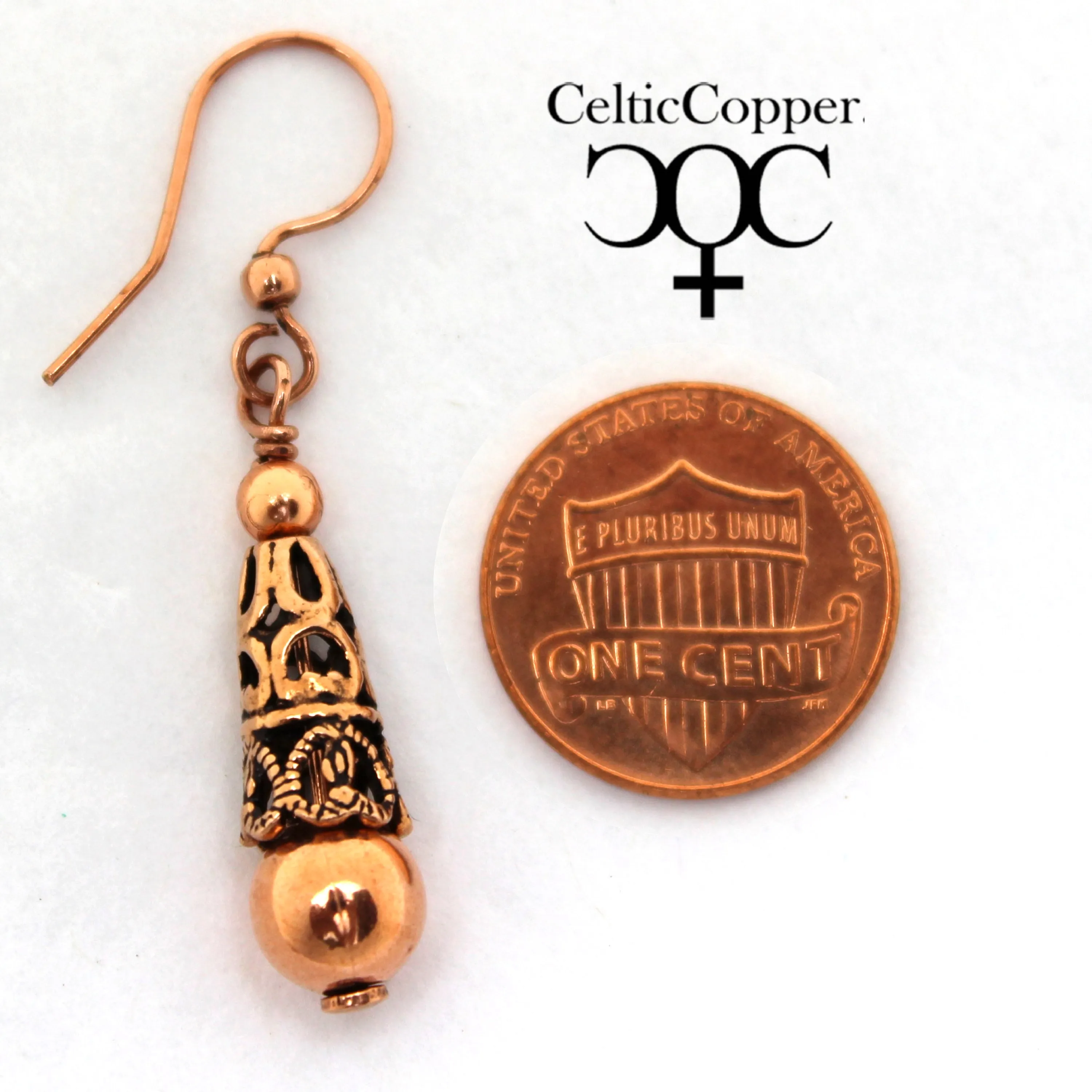 Copper Drop Designer Earrings With Handmade Vintage Cone Beads And Round 8mm Copper Bead Earrings