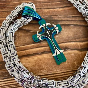 Cross - Risen Cross Silver & Turquoise Pendant - Necklace - PEN831