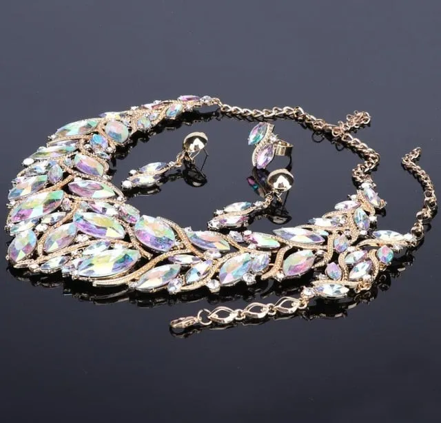 Crystal Gem Necklace, Bracelet, Earrings & Ring Wedding Statement Jewelry Set