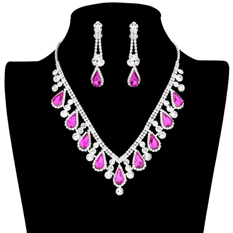 Crystal Rhinestone Teardrop Necklace Clip on Earring Set