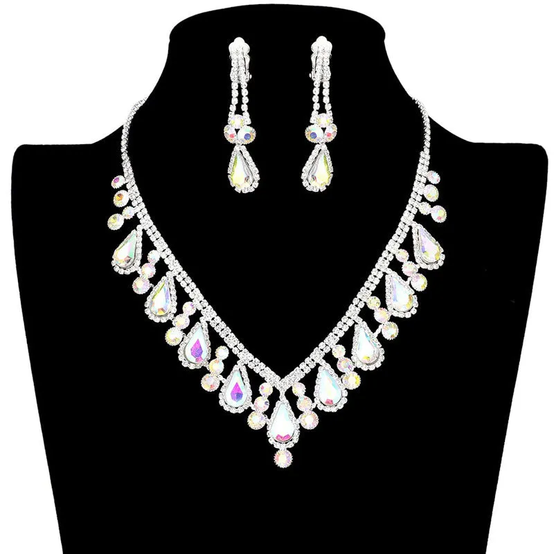 Crystal Rhinestone Teardrop Necklace Clip on Earring Set