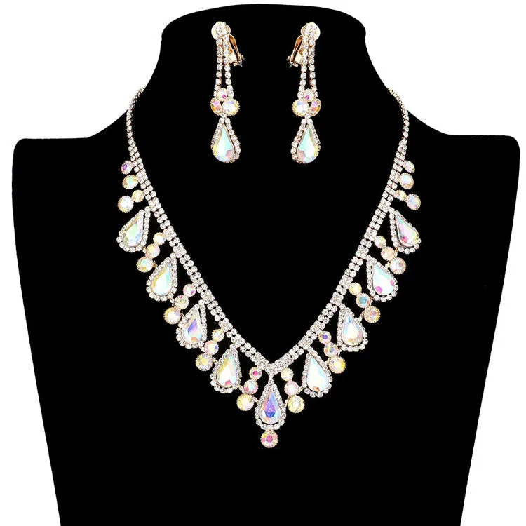 Crystal Rhinestone Teardrop Necklace Clip on Earring Set