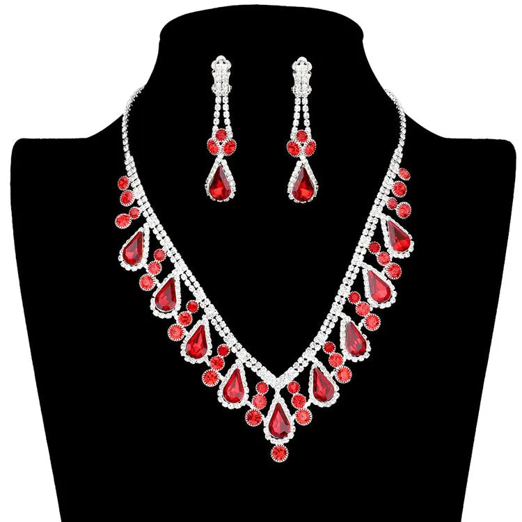 Crystal Rhinestone Teardrop Necklace Clip on Earring Set