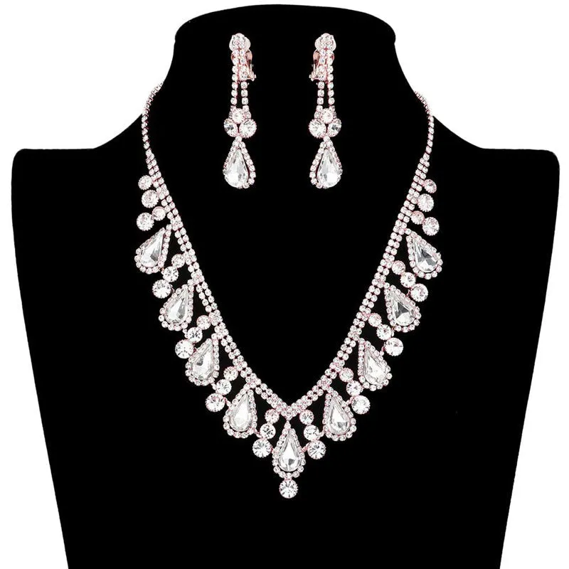 Crystal Rhinestone Teardrop Necklace Clip on Earring Set