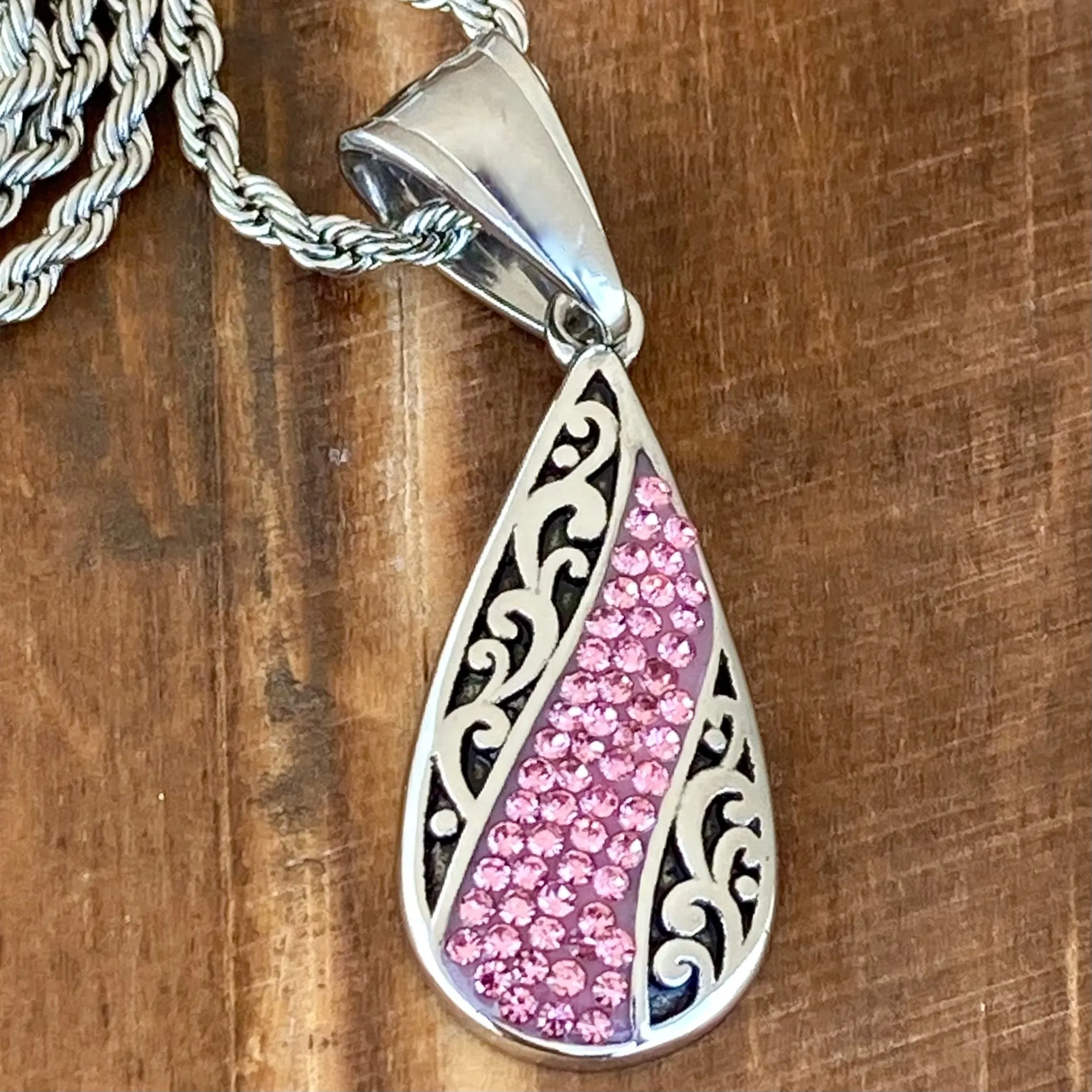 Crystal Teardrop - Pink - Mini Pendant - Rope Necklace - AJ03M