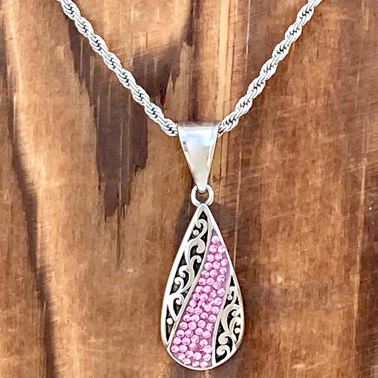 Crystal Teardrop - Pink - Mini Pendant - Rope Necklace - AJ03M