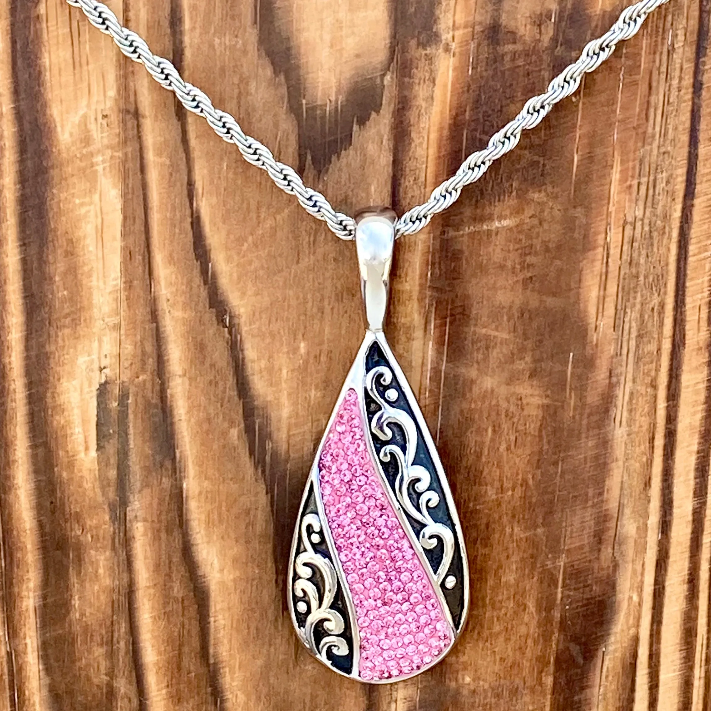 Crystal Teardrop - Pink - Pendant - Rope Necklace or Omega - AJ03