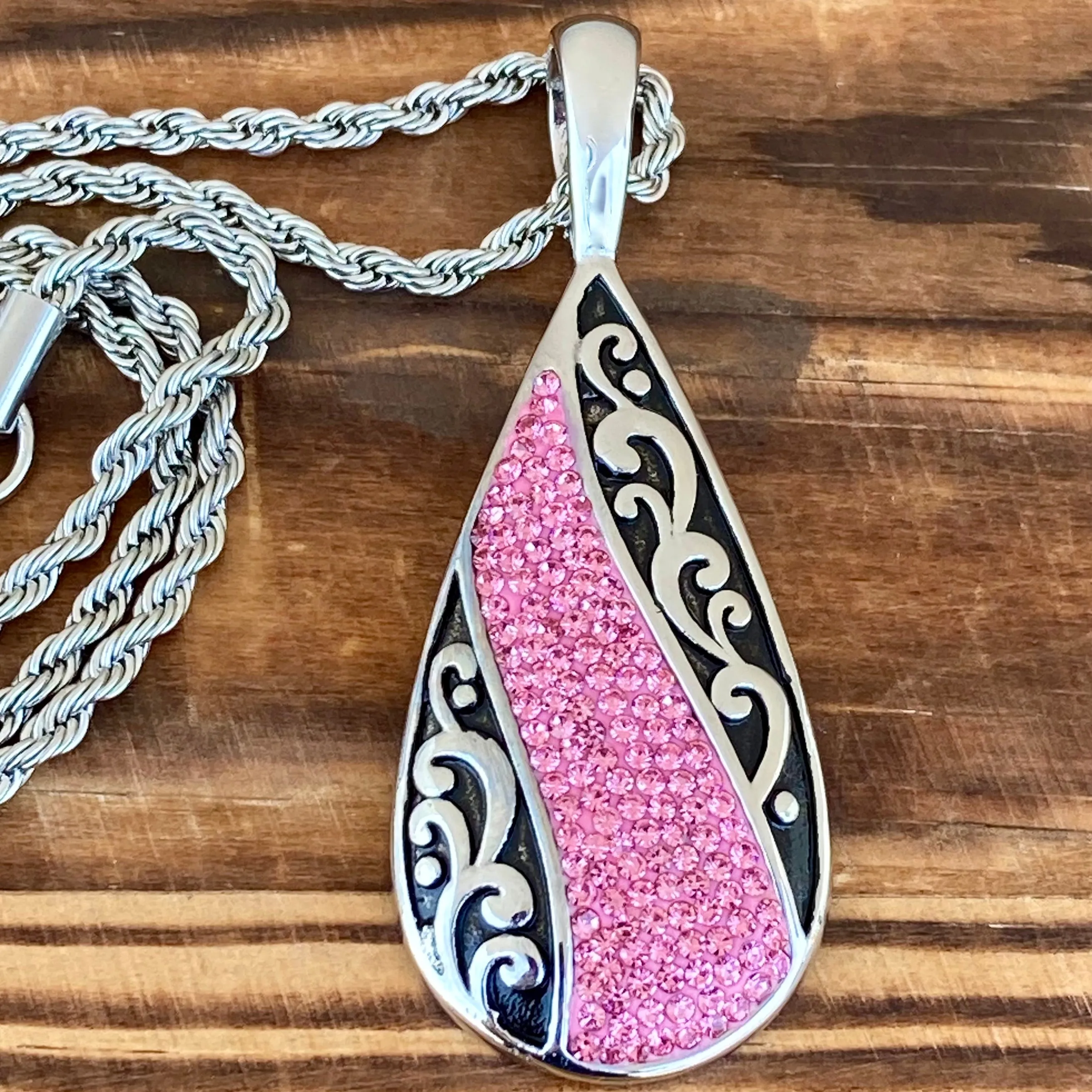 Crystal Teardrop - Pink - Pendant - Rope Necklace or Omega - AJ03