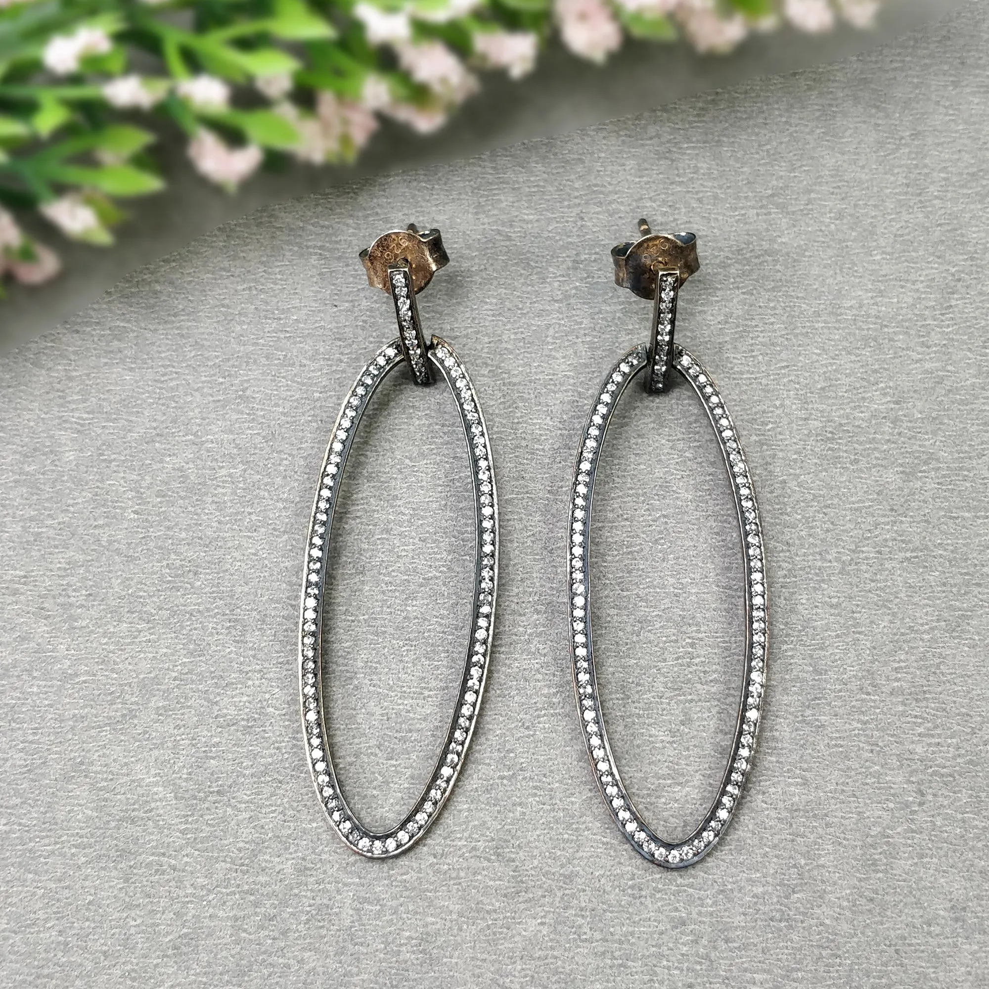 CUBIC ZIRCONIA 925 Sterling Silver Earrings : 5.40gms Oval Shape Victorian Push Back Bezel Set Hoop Fashion Earring 2.5"