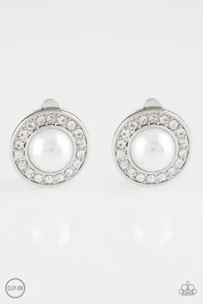 Definitely Dapper White Pearl and Rhinestone Clip-On Earrings - Paparazzi Accessories