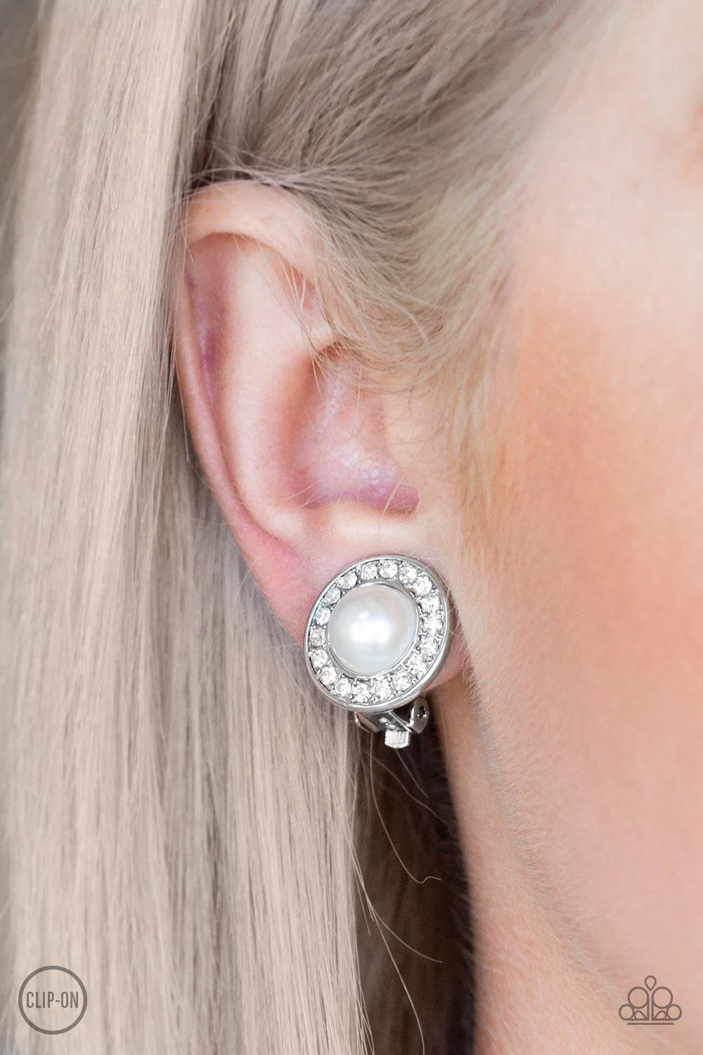 Definitely Dapper White Pearl and Rhinestone Clip-On Earrings - Paparazzi Accessories