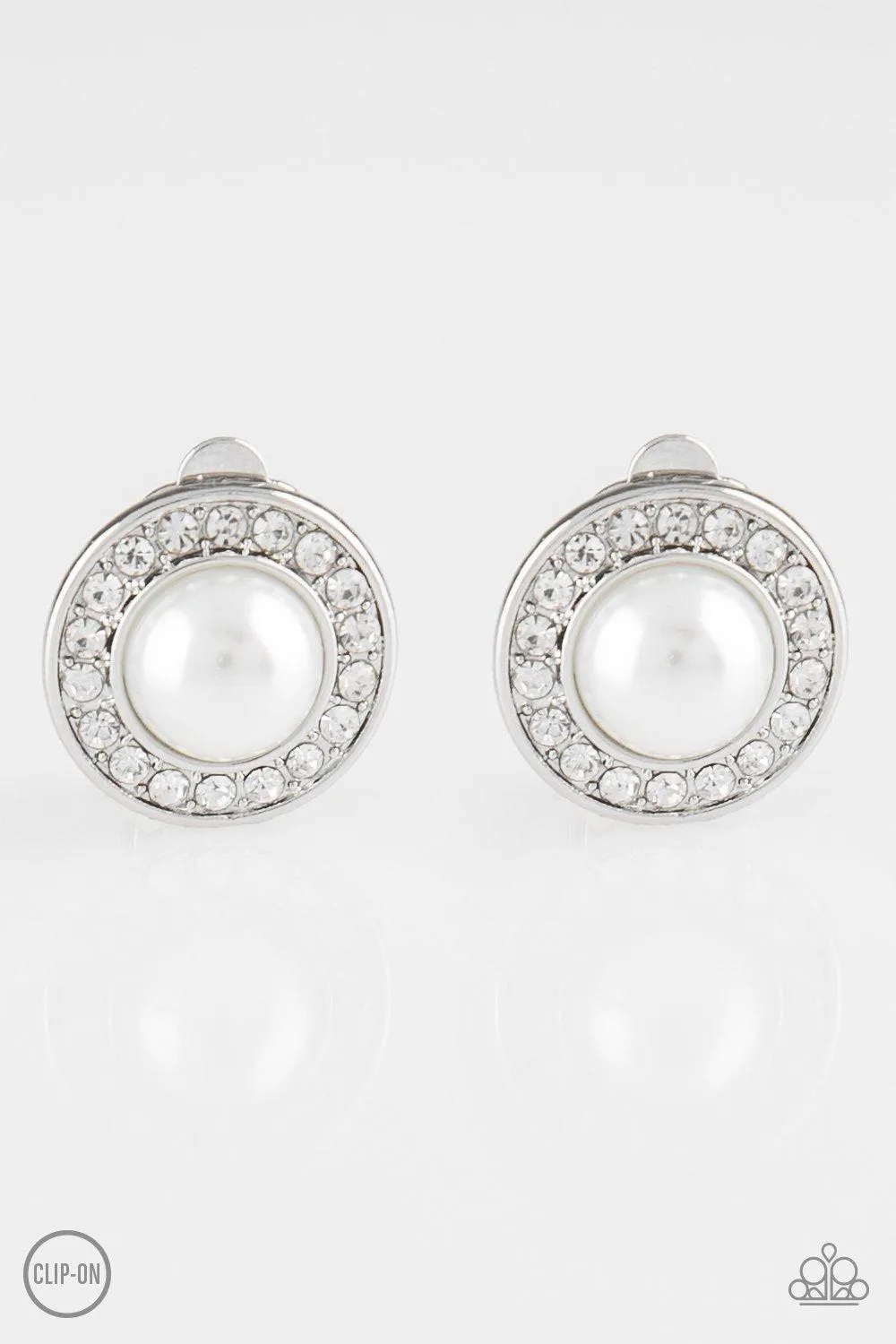 Definitely Dapper White Pearl and Rhinestone Clip-On Earrings - Paparazzi Accessories