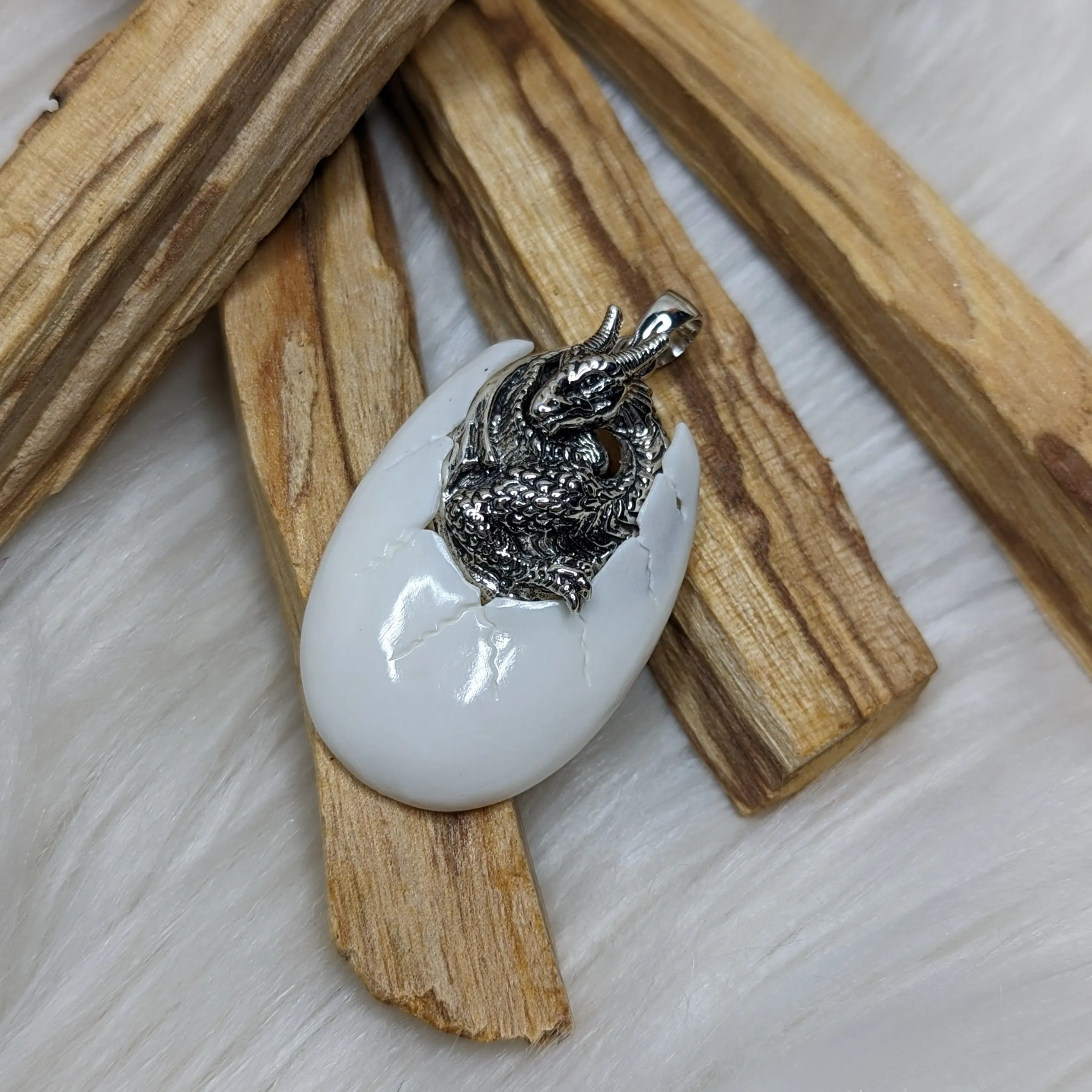 Dragon Baby in Egg~ Bone Carving and Sterling Silver Pendant~ Includes Silver Chain