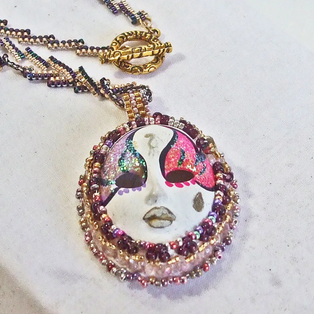 Egeria, Painted Cameo Mask for Day of the Dead Pendant, Necklace