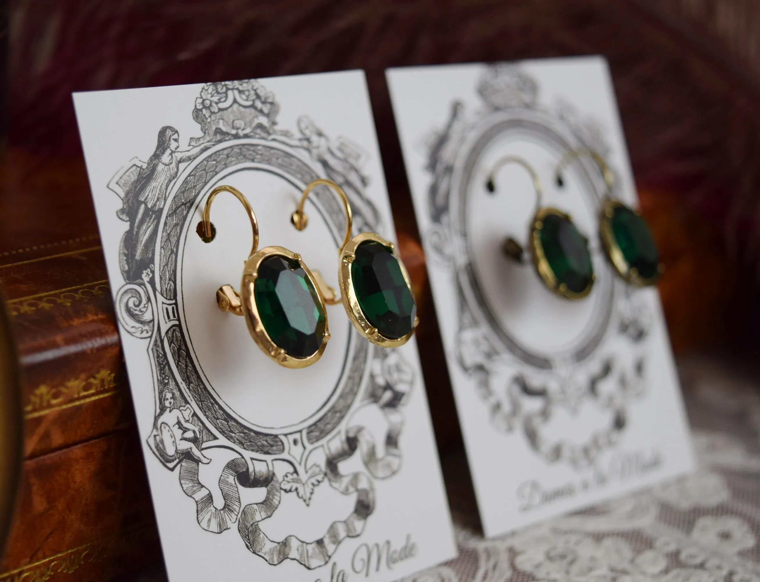 Emerald Swarovski Crystal Earrings - Medium Oval Collar Settings