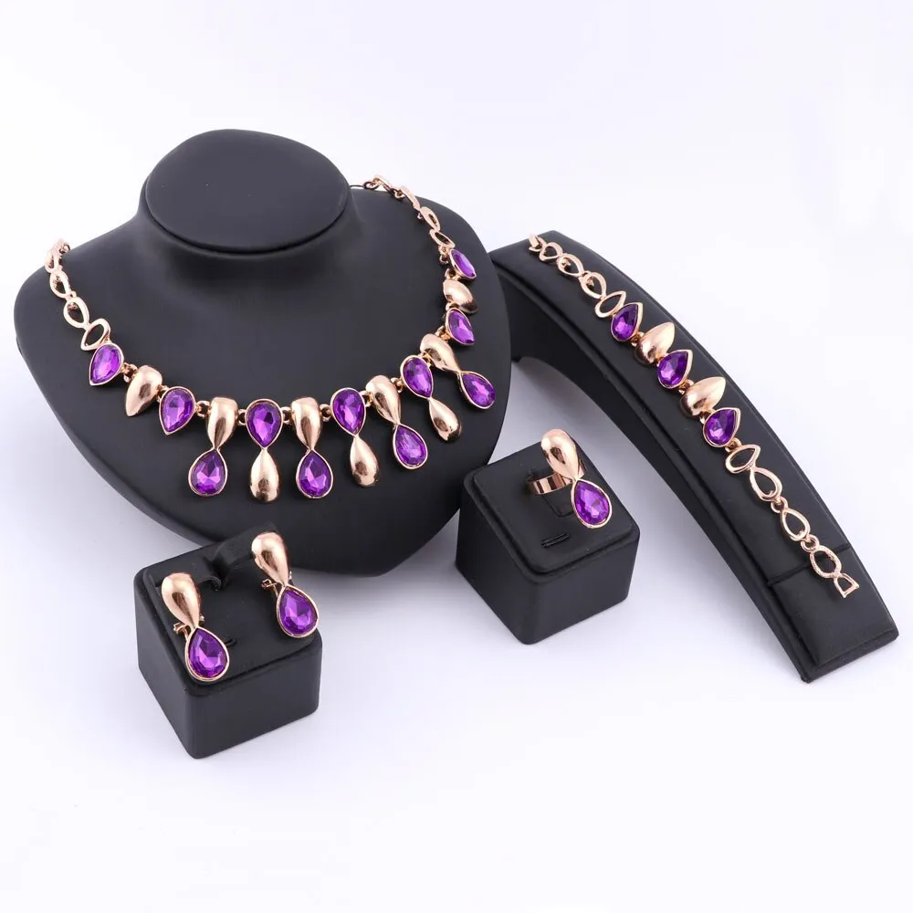 Fine Gold-Plated Crystal Necklace, Bracelet, Earrings & Ring Wedding Statement Jewelry Set