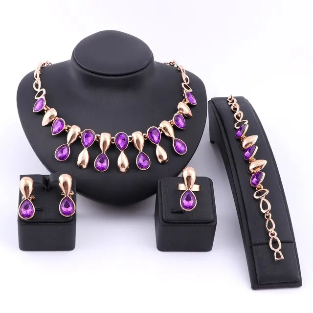 Fine Gold-Plated Crystal Necklace, Bracelet, Earrings & Ring Wedding Statement Jewelry Set