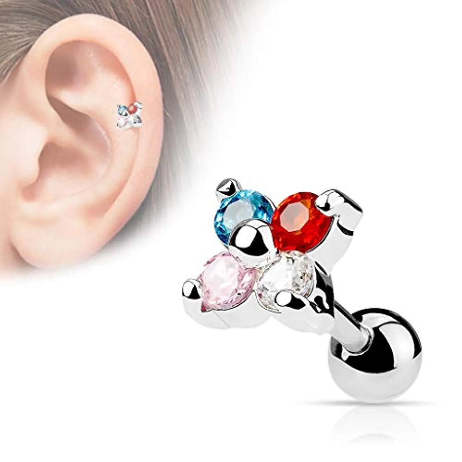 Flower Quad WildKlass CZ Tragus/Cartilage Piercing Stud Barbells 316L Surgical Steel