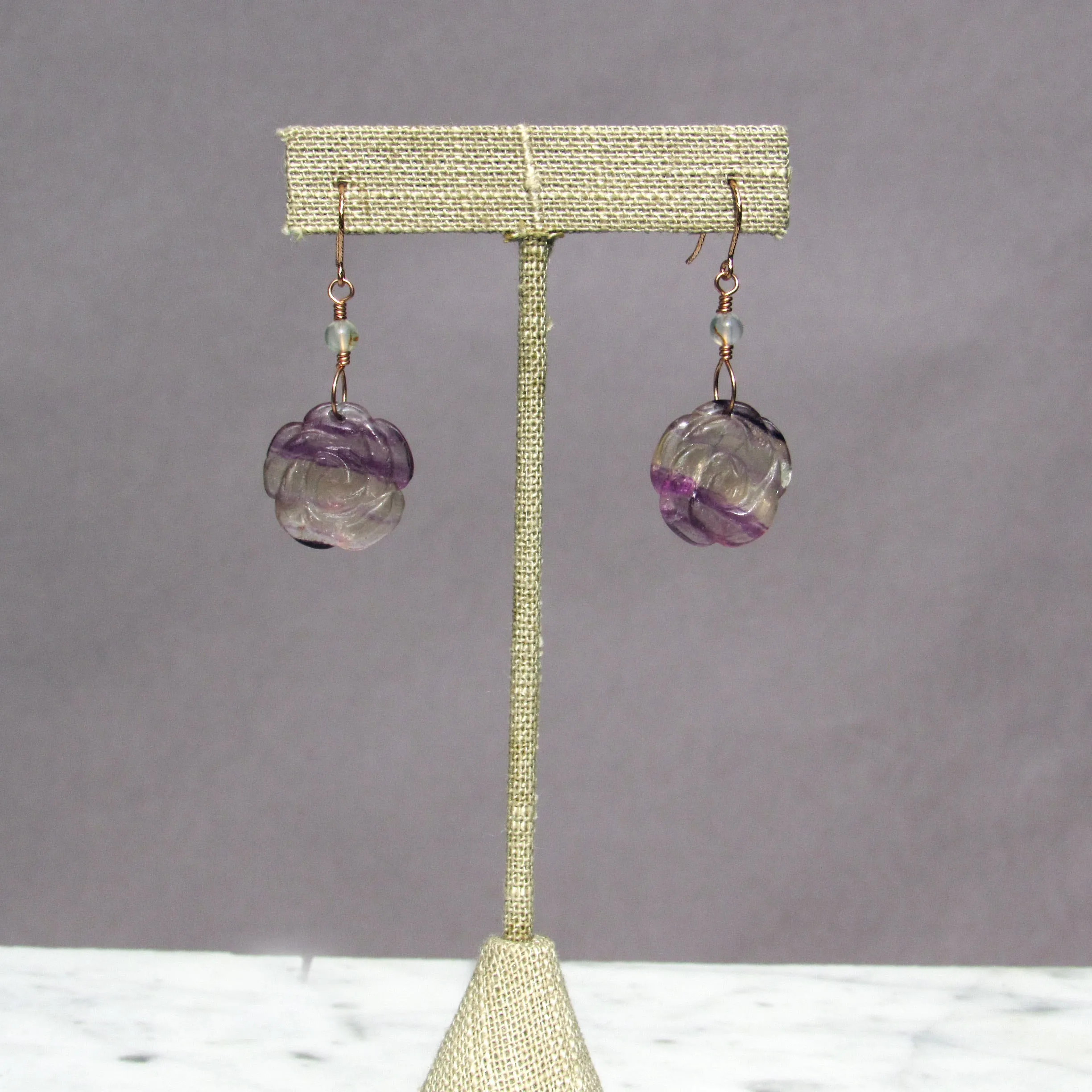 Fluorite Rose and White Agate Gemstone Drop Earrings