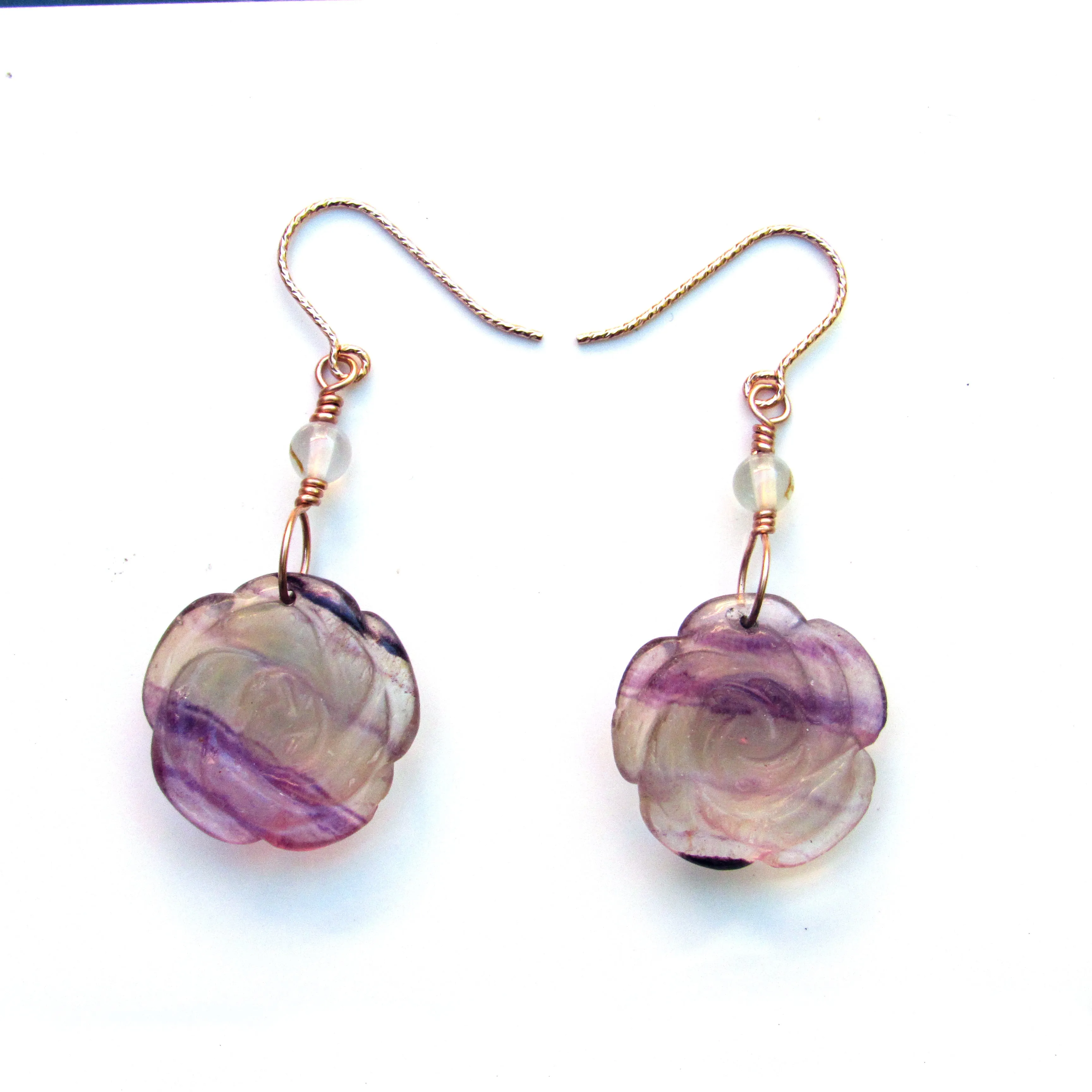 Fluorite Rose and White Agate Gemstone Drop Earrings