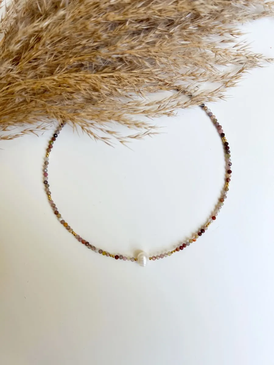 Gemstone Necklace with Freshwater Pearl, Sterling Silver 925 with Gilding, Thin Elegant Beads Choker