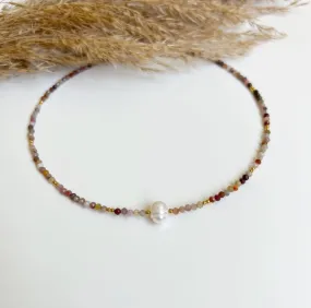 Gemstone Necklace with Freshwater Pearl, Sterling Silver 925 with Gilding, Thin Elegant Beads Choker