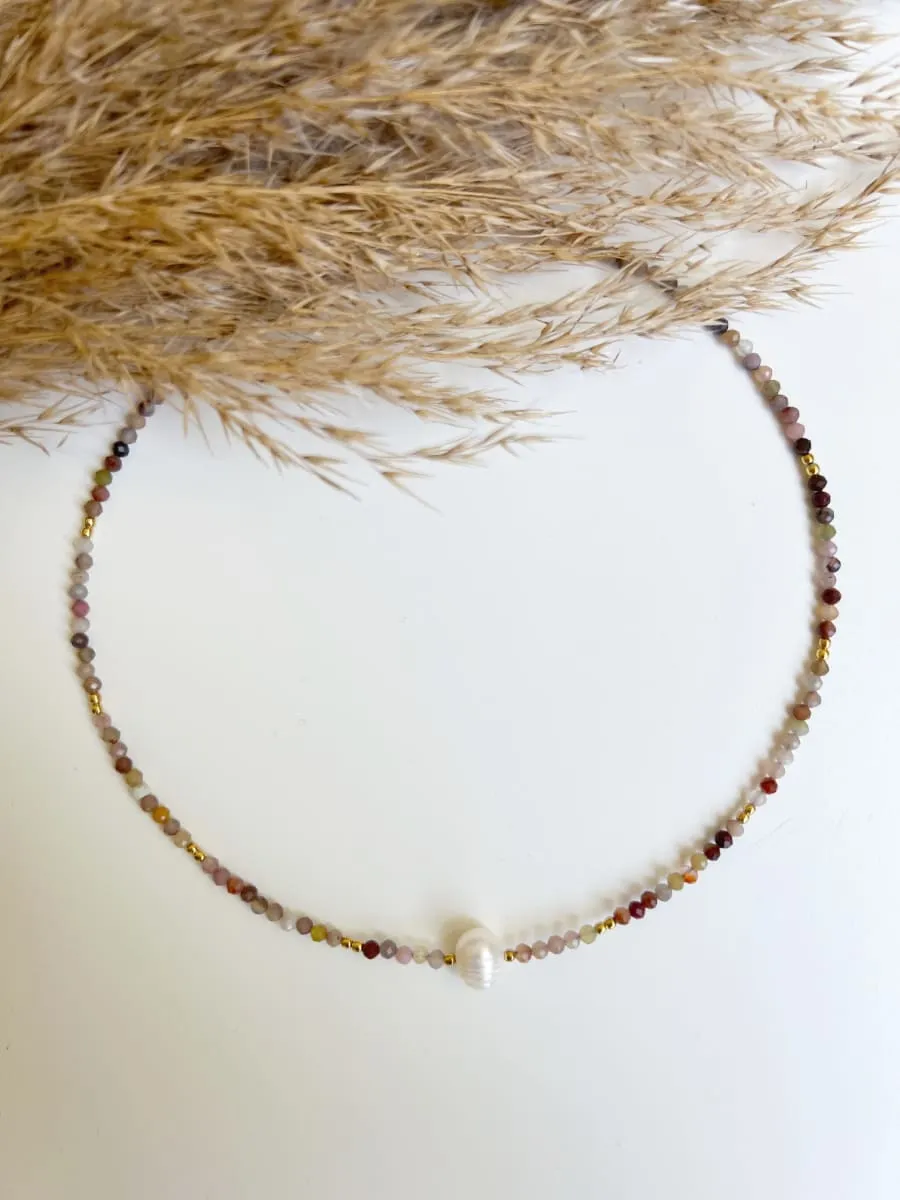 Gemstone Necklace with Freshwater Pearl, Sterling Silver 925 with Gilding, Thin Elegant Beads Choker