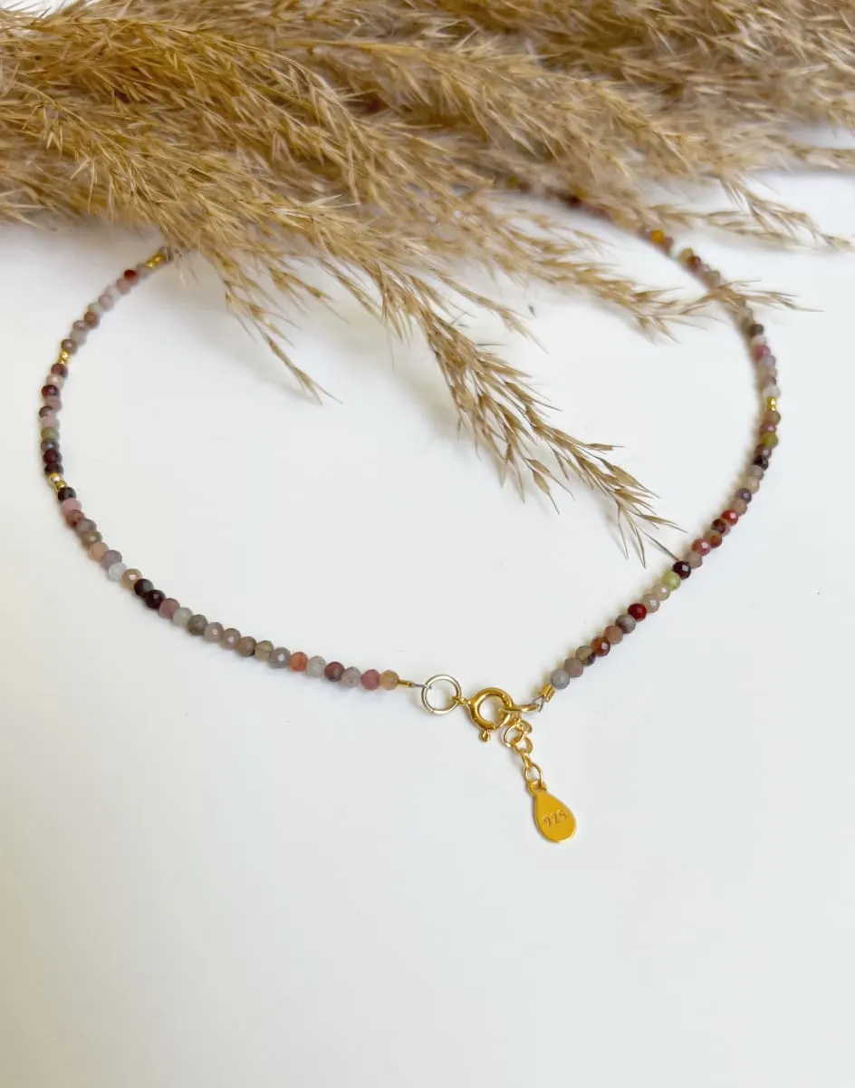 Gemstone Necklace with Freshwater Pearl, Sterling Silver 925 with Gilding, Thin Elegant Beads Choker